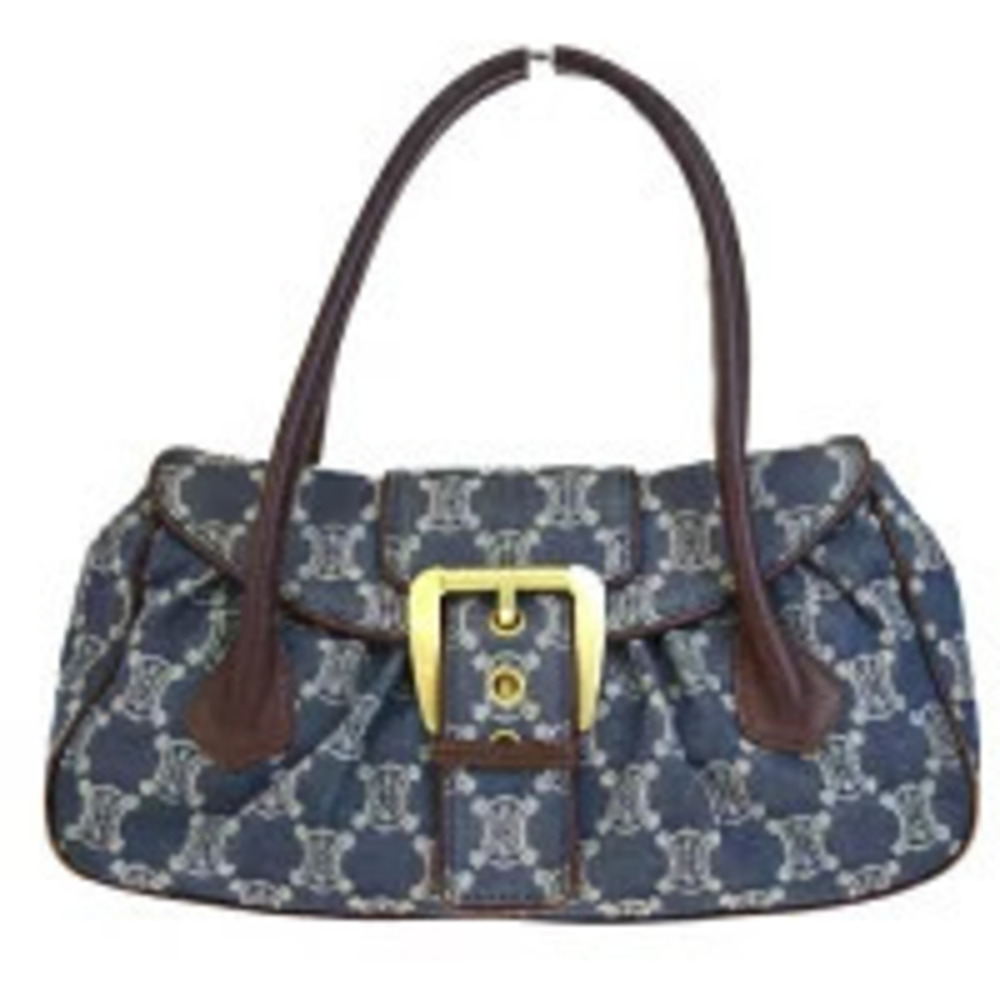 Celine Paris Macadam Shoulder Bag Denim Blue Brown Canvas Leather